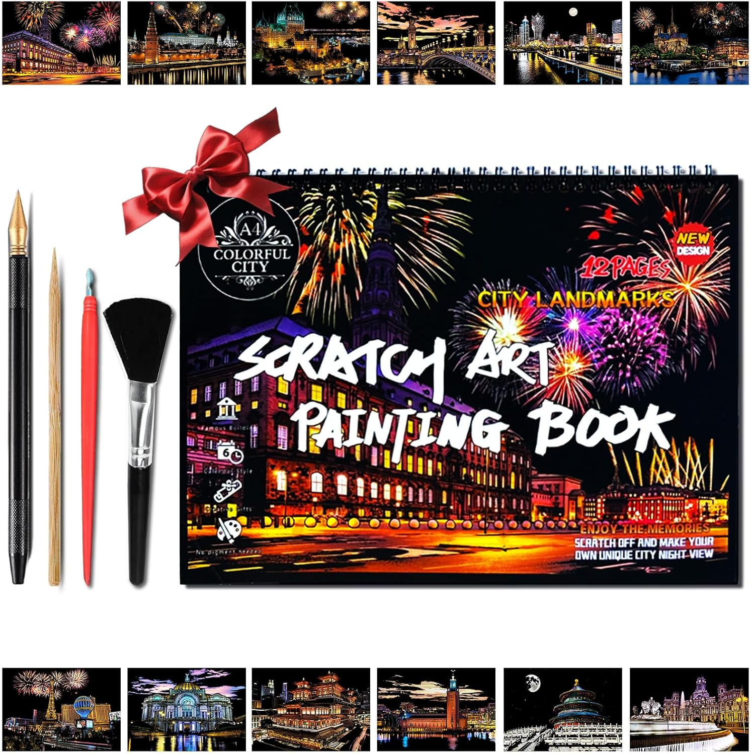Glow in the Dark Scratch Art Paper，Engraved Landscape Scratch Painting Rainbow B