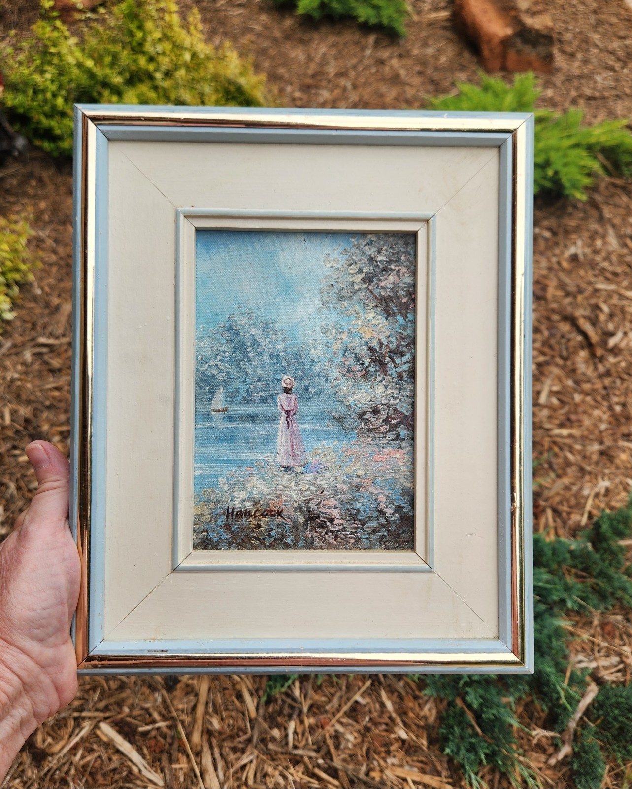 Lady in Pink by the Lake Signed Hancock Flowers Sailboat Framed Oil Canvas