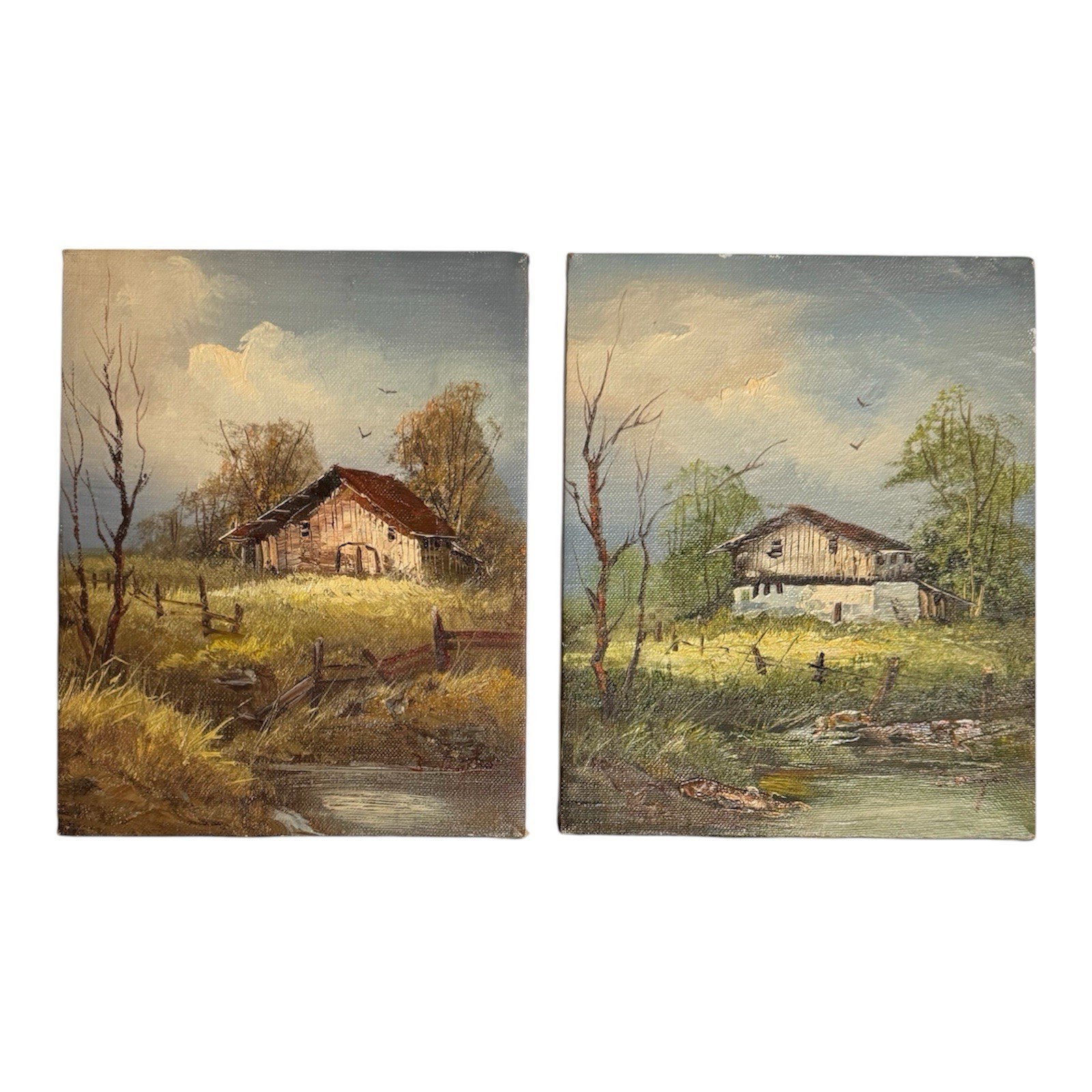 Pair (2) J. Newton Oil Paintings 8×10” Unframed Country Scenes