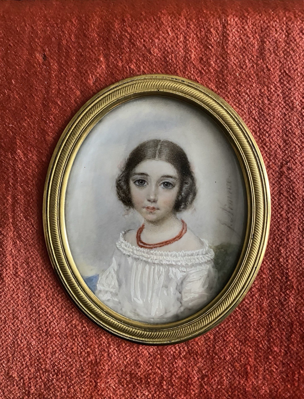 Signed Portrait Miniature (J. Nimmo) Of Pretty Girl W/ Coral Necklace, Ca. 1850