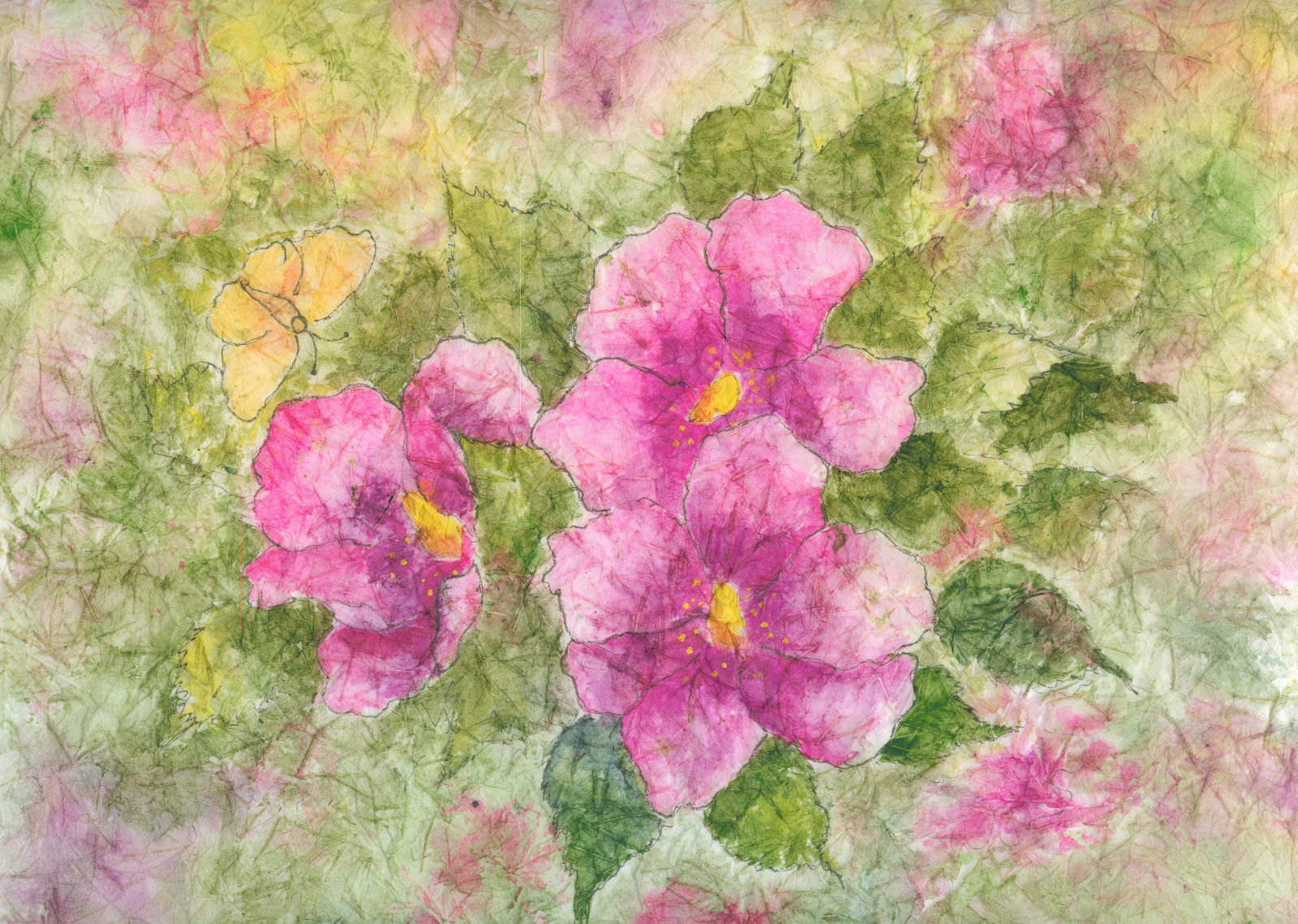 Pretty pink batik flower painting reproduction print 8 x 10 on linen card stock