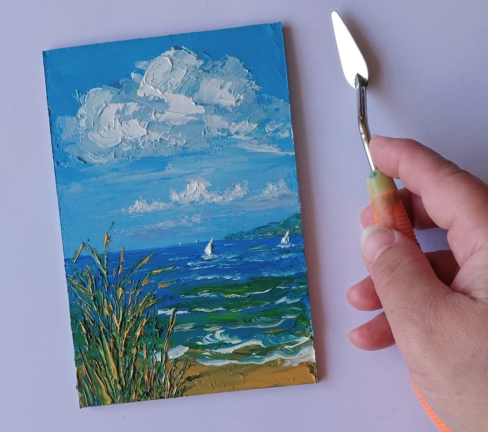 Framed Calm Seascape Sailboats Cloudy Sky Coast Reeds 4×6” Oil Painting Original