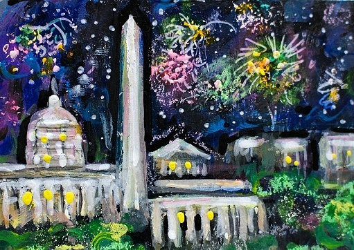 ACEO Original PAINTING Washington DC FIREWORKS Night Building Landscape ATC ART