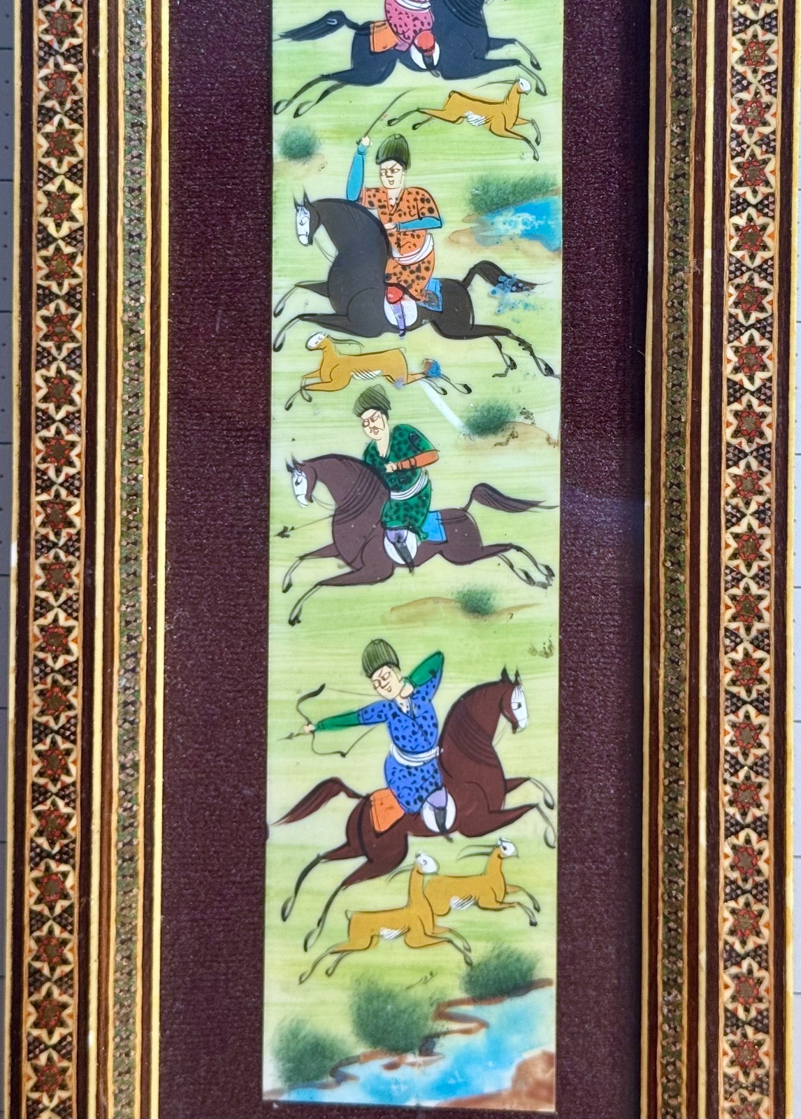 Persian Hand Painted Camel Bone Artwork in Wood Khatam Marquetry Frame Folk Art