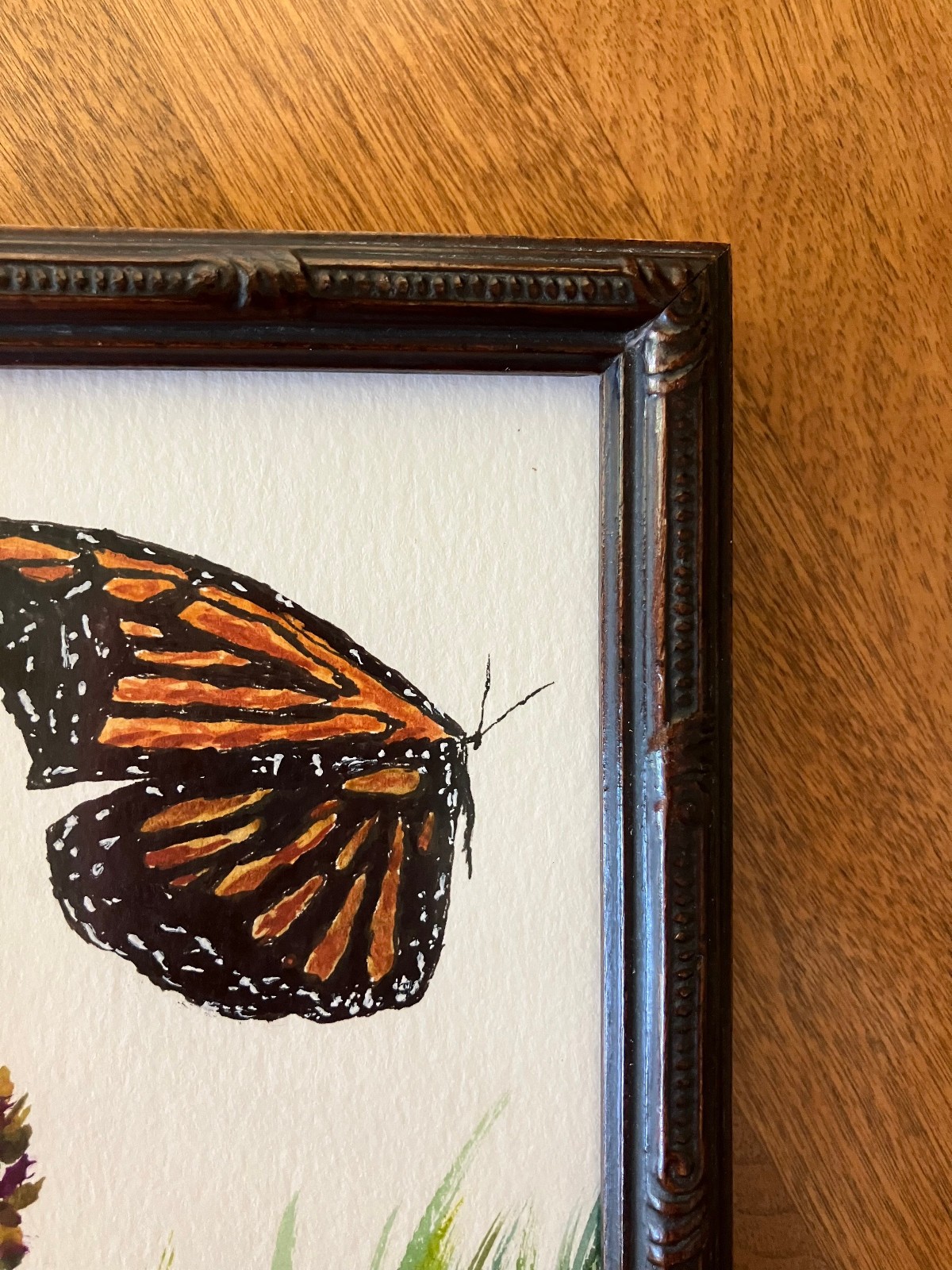 Original Watercolor Painting in VTG Wood Frame; Butterfly, Flower; 4 1/8 x 6 7/8
