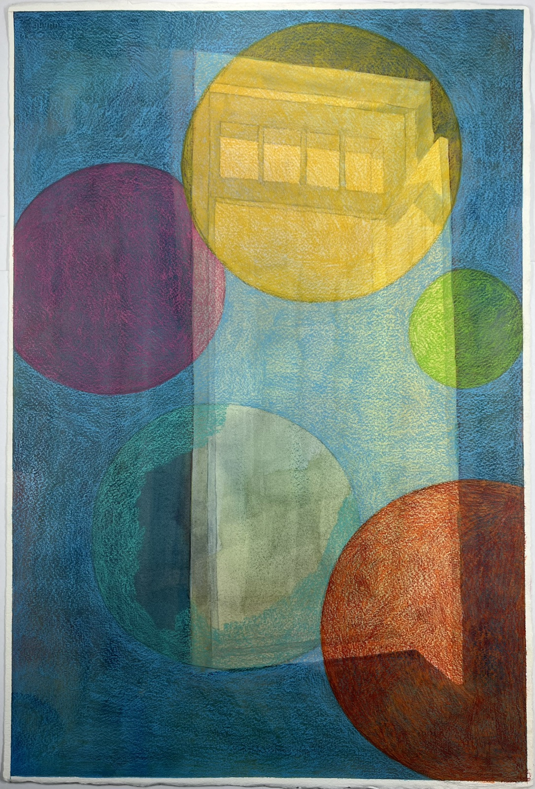 Mixed Media Painting Floating Door & Spheres In Space 22×15” Surreal Folk Art