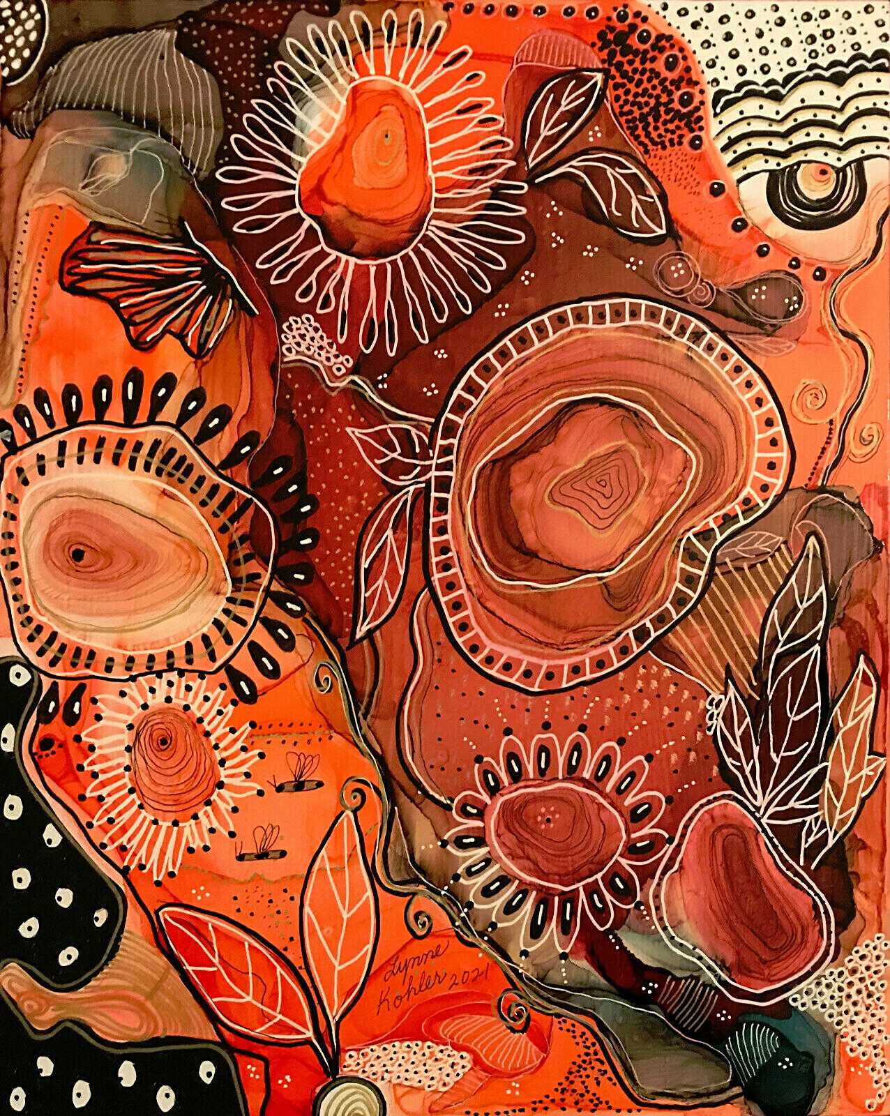 Original painting 8×10″ Orange black white doodle canvas board by Lynne Kohler