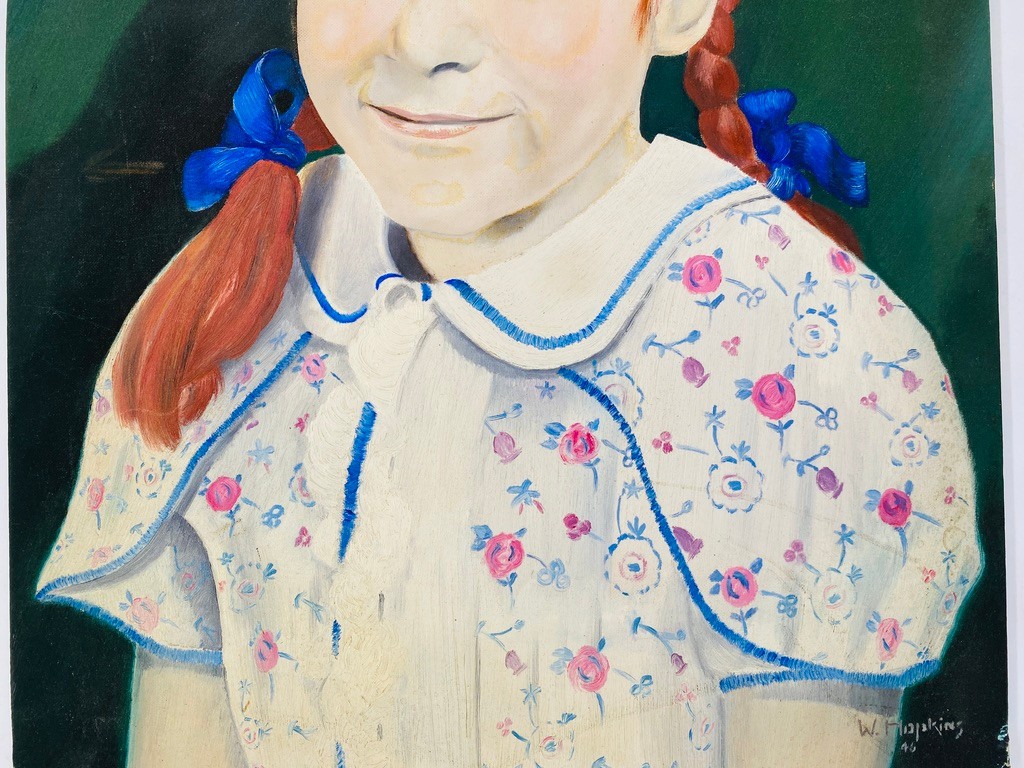 1946 Portrait Red Haired Girl Pigtails Artist Signed W Hopkins Vintage Painting