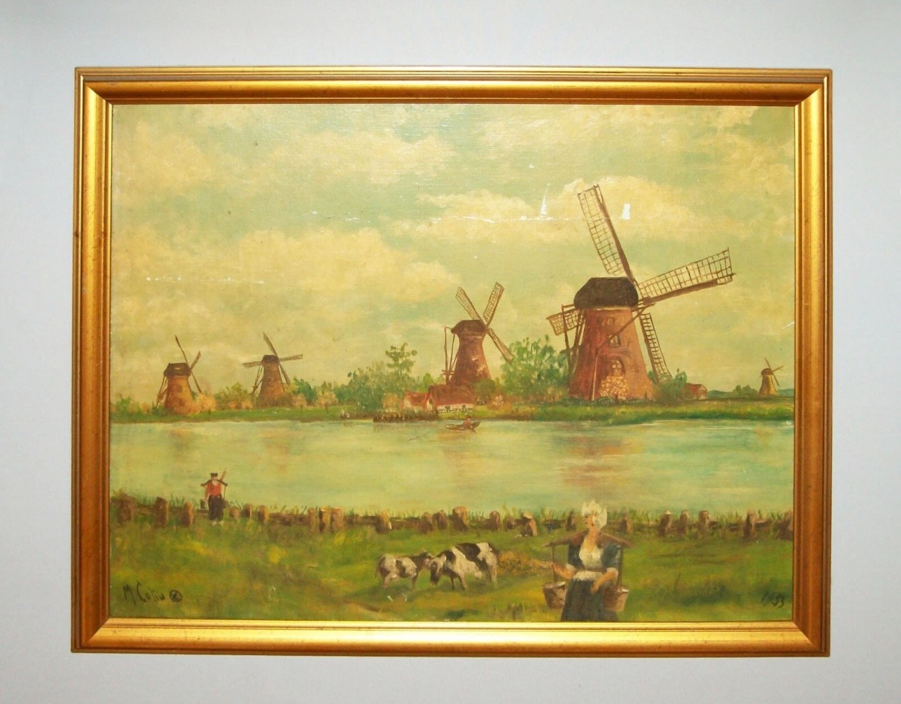 Old Antique 1953 Vtg Windmills Landscape Oil Painting Signed M Colin 17.5 X 21.5