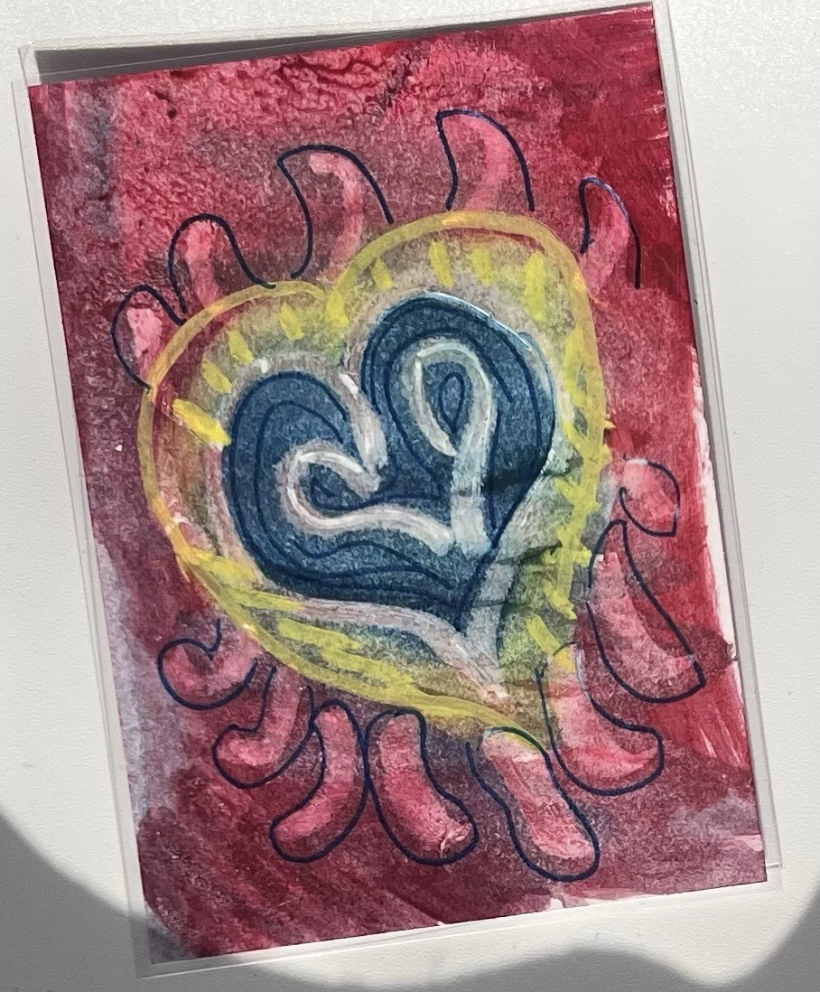 ACEO ATC Original Watercolor & Paint Pens , Bright Abstract, 3.5″x2.5″