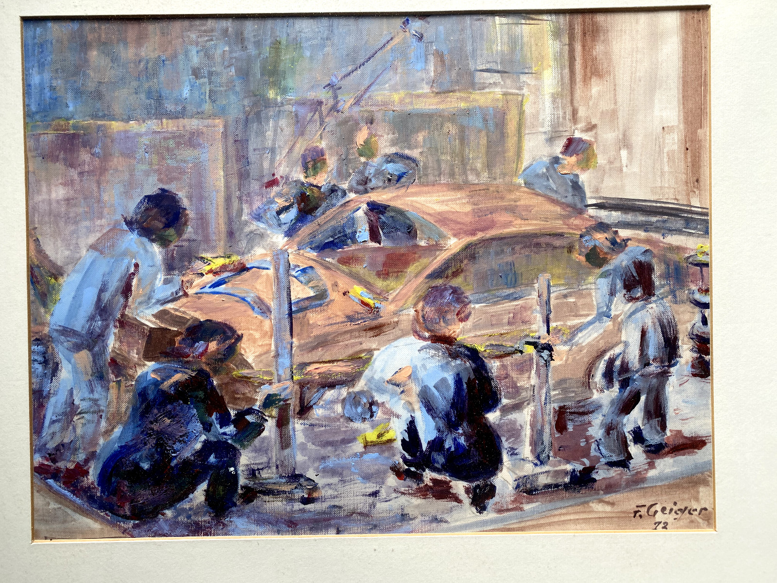 Painting Signed F. Geiger 1972 Auto Workshop Pit Stop Car Race Vintage Car