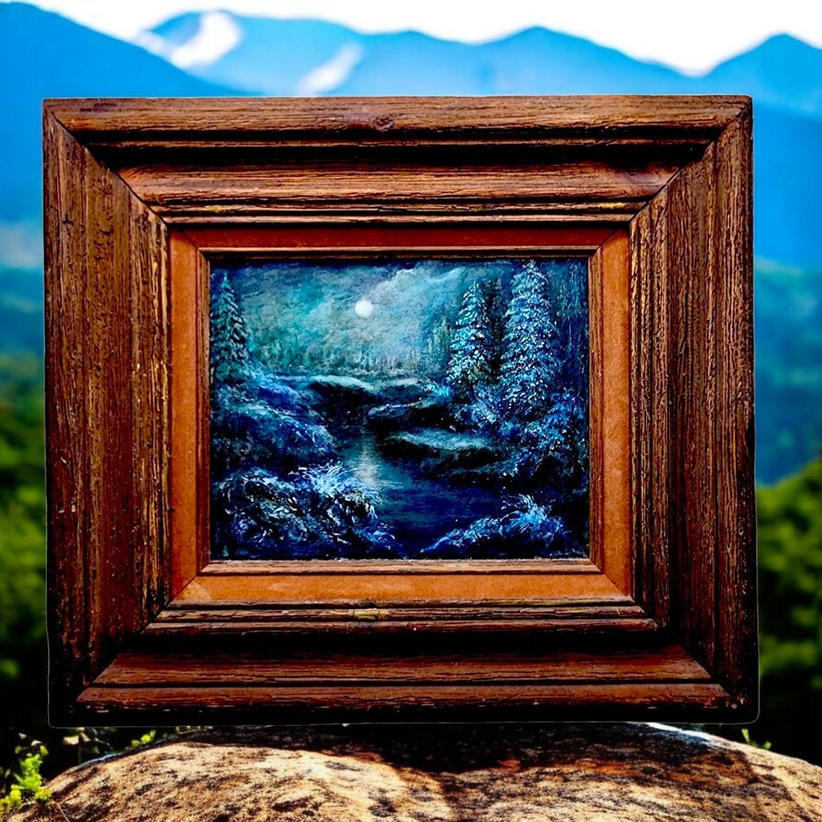 «Ice Shadows» Landcape Signed Framed Snow River Blues Scene Rustic Frame Acrylic