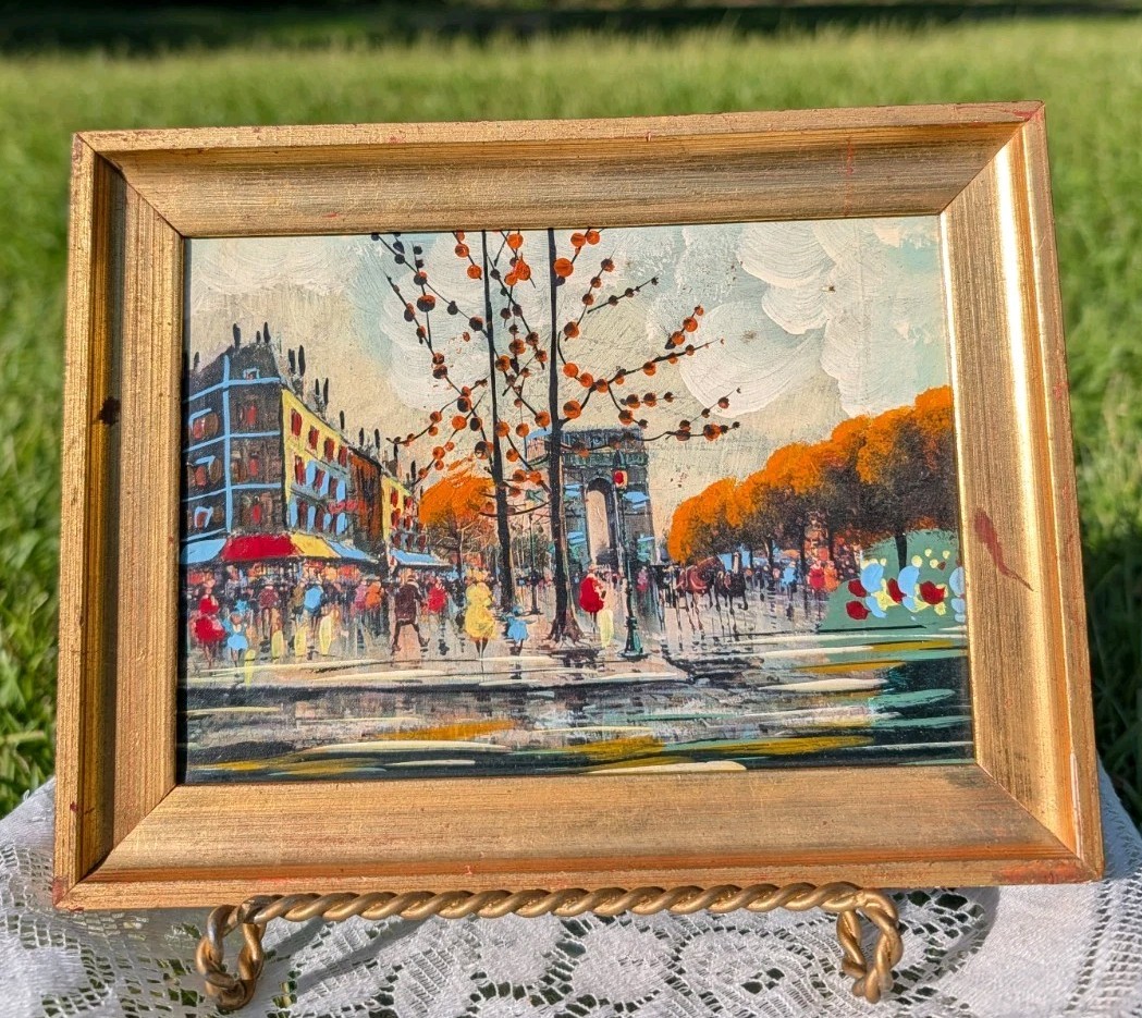 Vintage Mid Century Paris Street Scene Oil Painting Arc de Triomphe Signed Spain