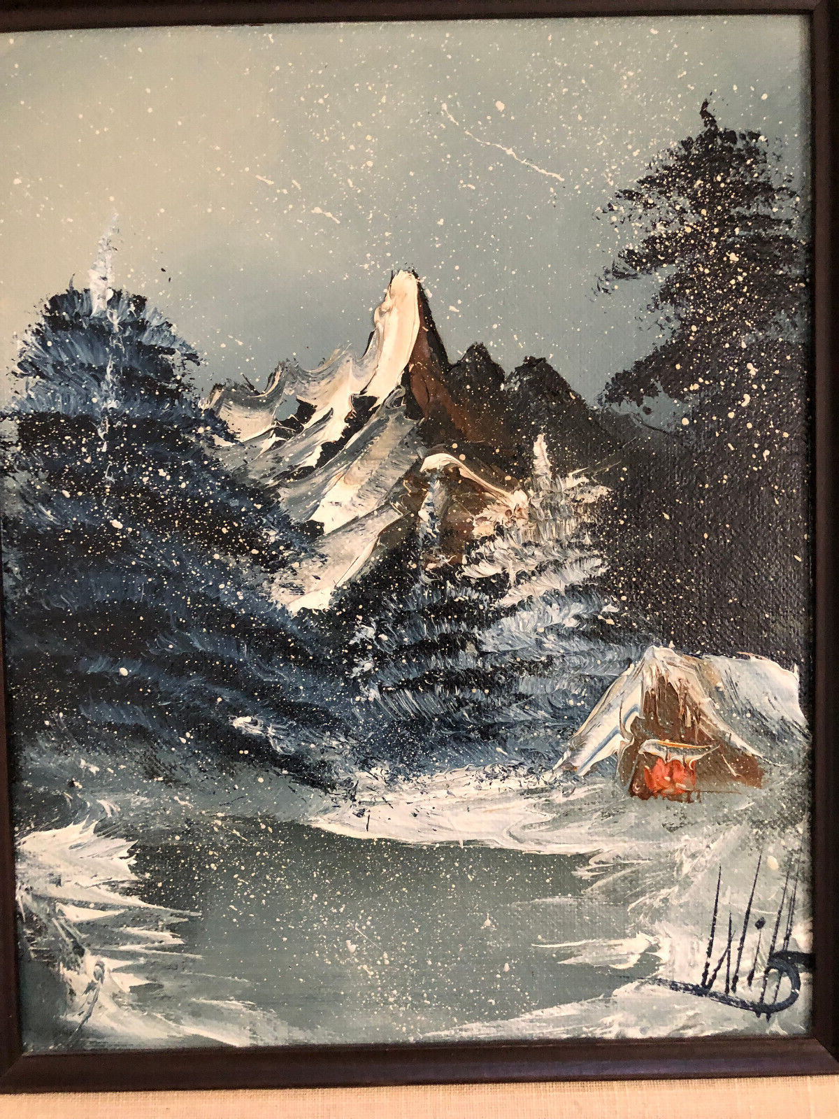 Winter Mountain Oil Painting Hardwood Framed Snow Scene Martha Wills