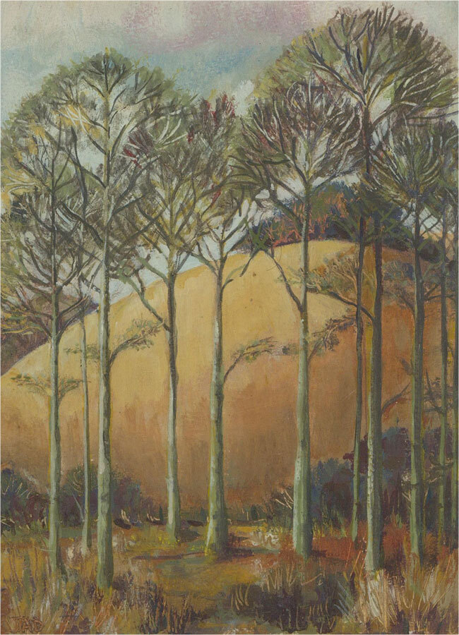 Juliet Dyer – Monogrammed Mid 20th Century Gouache, Yellow Hillside