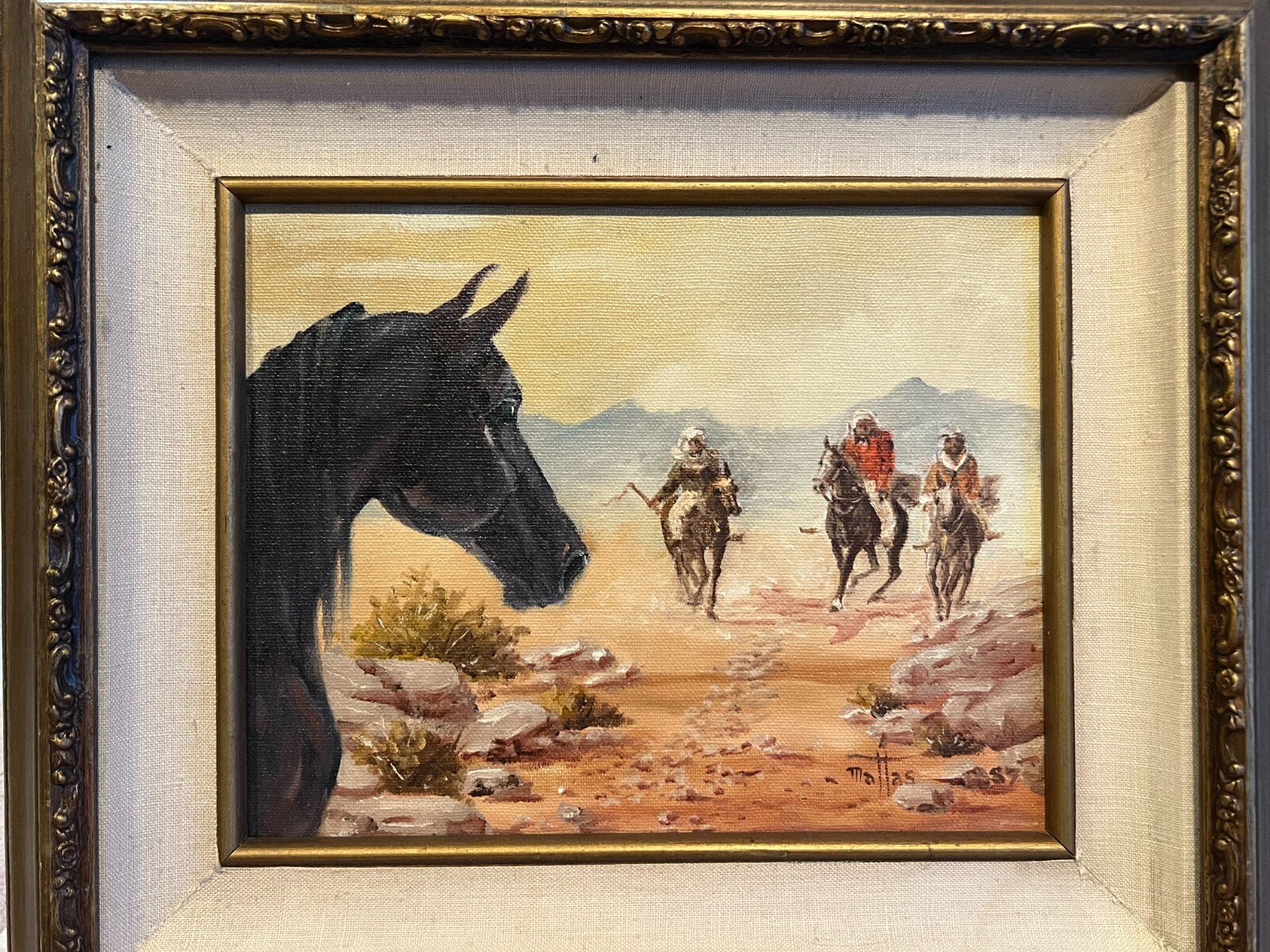 Mattas Original Oil Painting on Canvas «Arabians 2″, Signed, Framed, 9 1/2″ x 8»