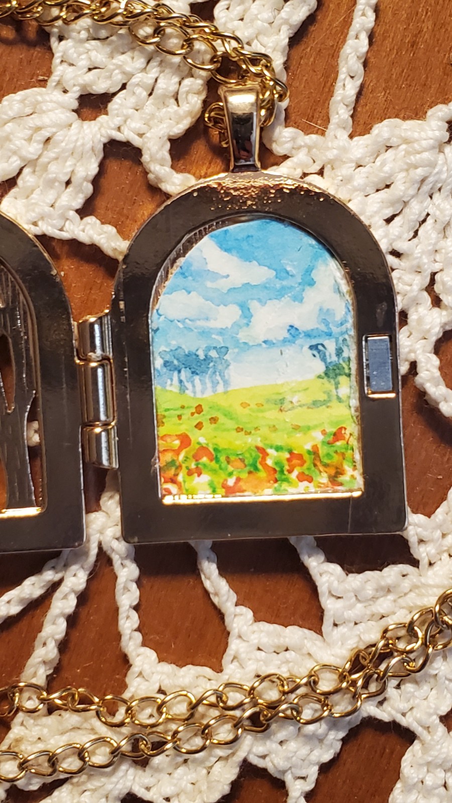 Mini Jewelry Locket hand painted Distant Meadow in Golden Tree Locket