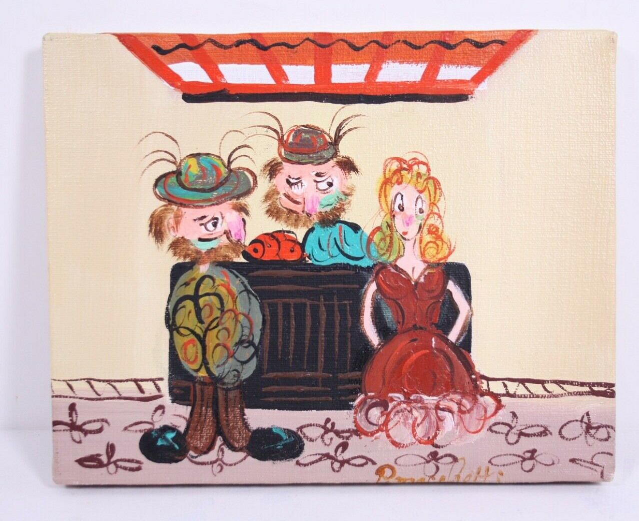 Weird Retro Vtg 8×10 Oil Painting Signed Panachetts ? Bar Market Scene Guys Gal