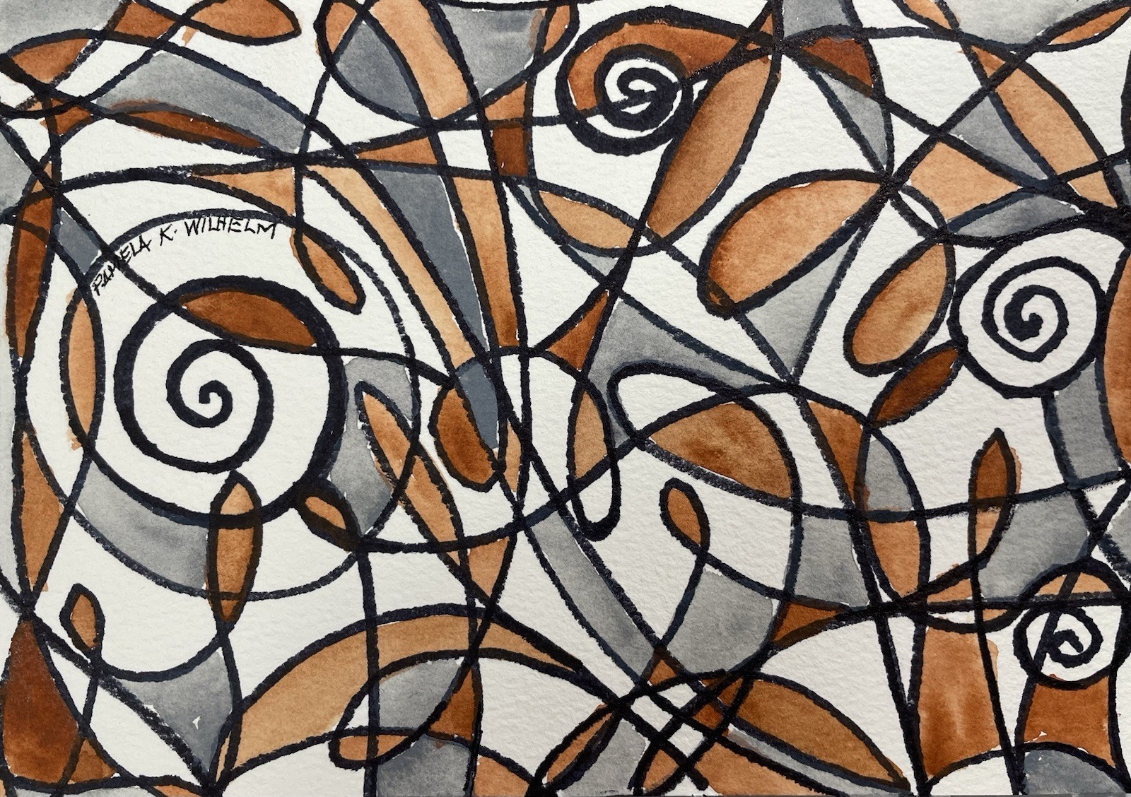 5×7” Pamela Wilhelm Original Watercolor Caramel Grey White Abstract Patterns