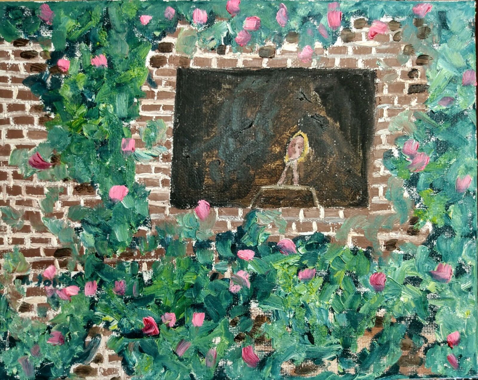 Oil Painting Roses Flowers Vines Brick House Garden Landscape Floral Art A. Jol