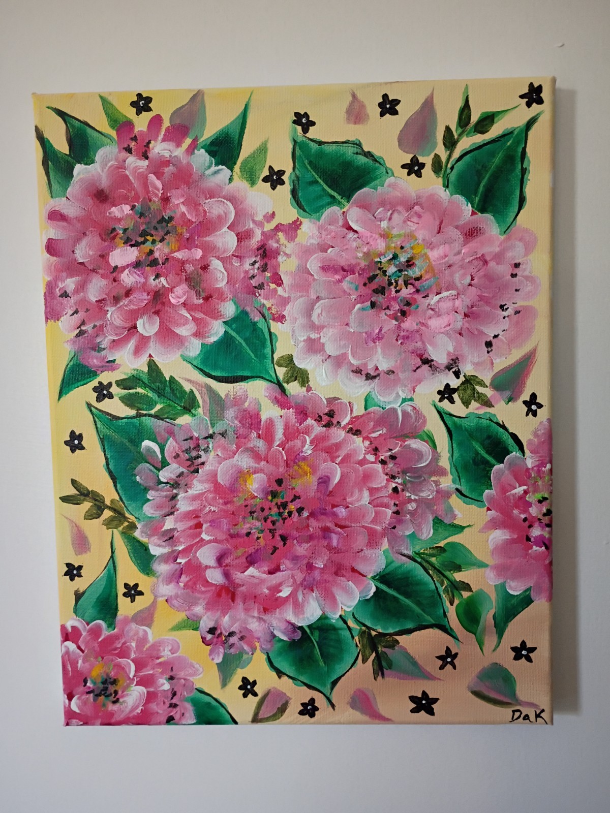 Pink Hydrangeas Yellow & Black 11×14 Canvas Original Art Expressionism Abstract