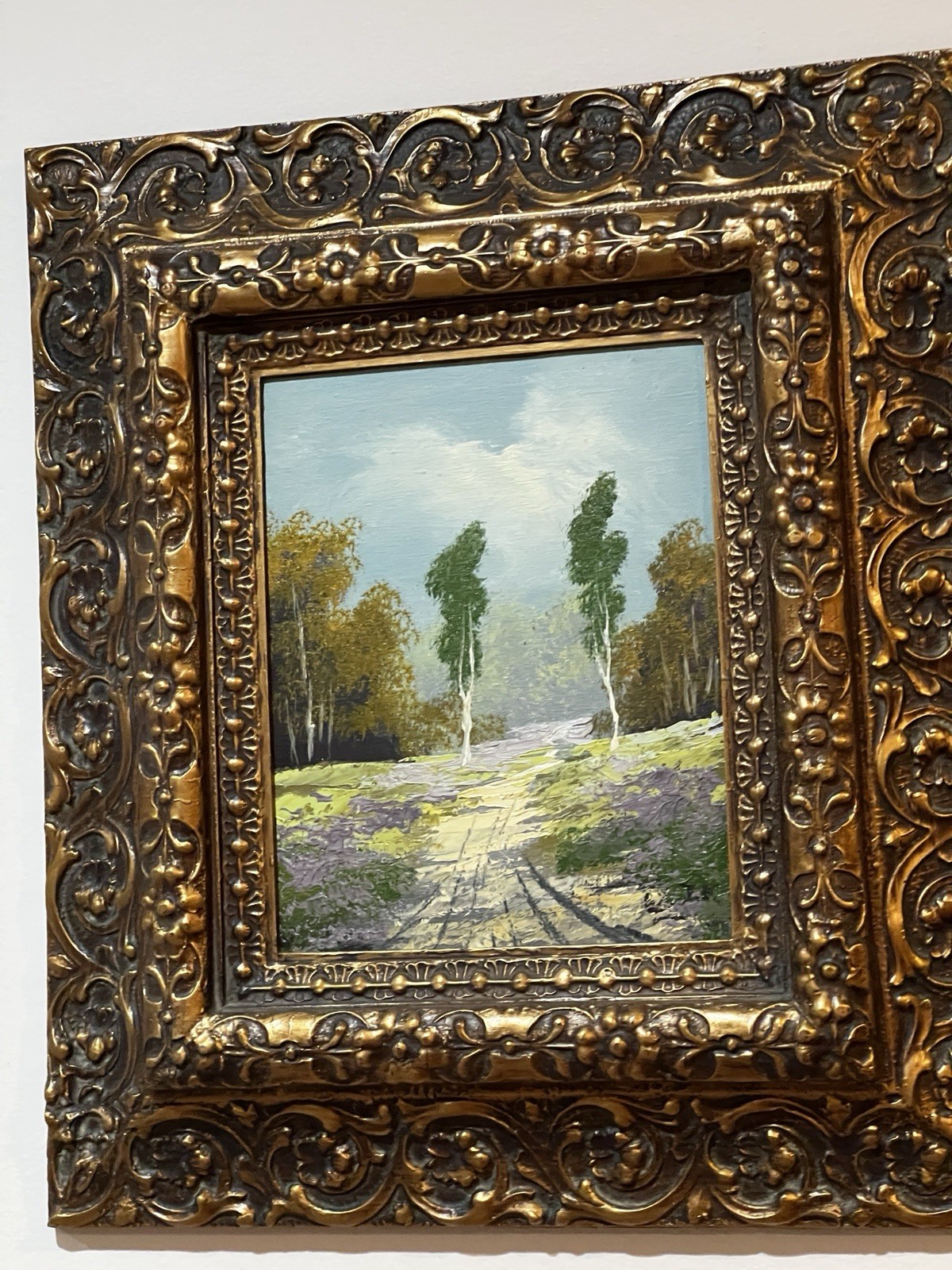 VINTAGE Oil On Cardboard In The Forest Beautiful Resin FRAME Signed