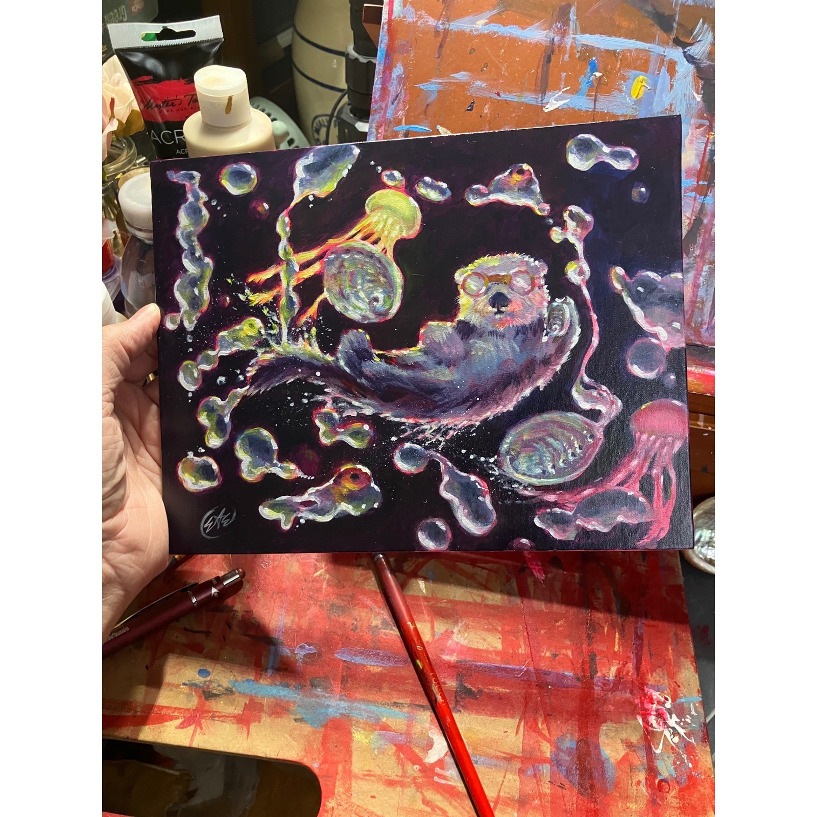 Original Sea Otter Painting Whimsical Marine Art jellyfish Abalone By Artettina