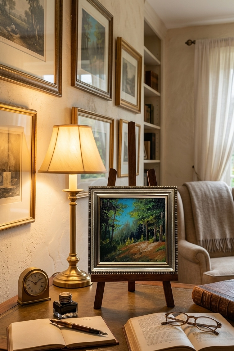 Original Miniature Oil Painting Forest Landscape Framed Impasto Pine Trees Art