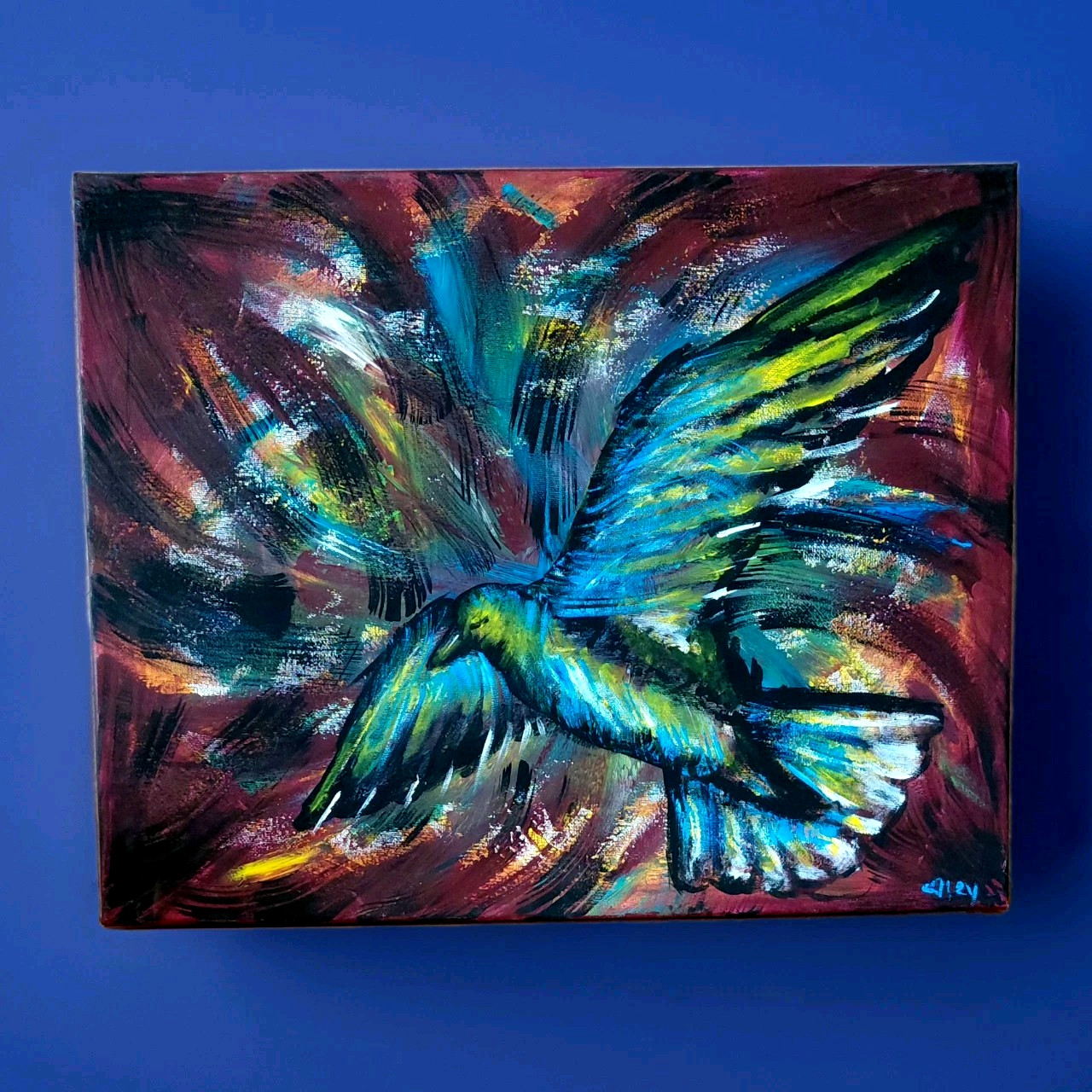 Abstract Bird Painting Expressive Wings in Flight Acrylic on Canvas Blue Green