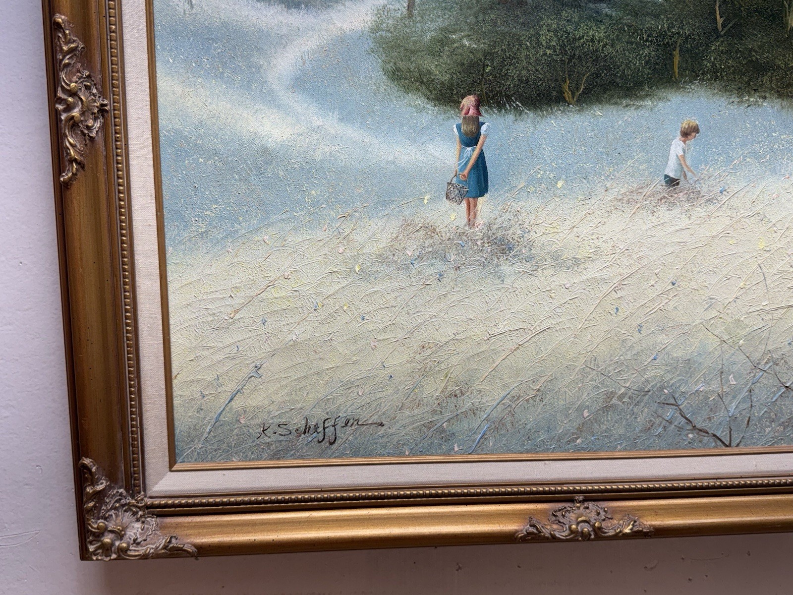 LARGE VINTAGE K SCHEFFER SIGNED OIL PAINTING LANDSCAPE FIGURE FRAMED
