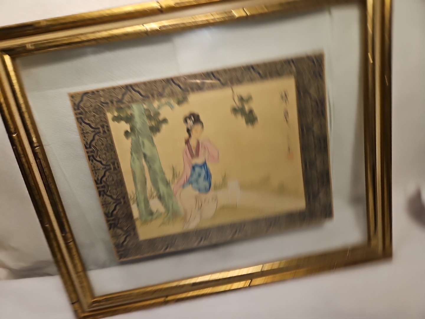 VINTAGE ASIAN JAPANESE GEISHA PAINTING ON SILK KIMONO Floating Bamboo Frame