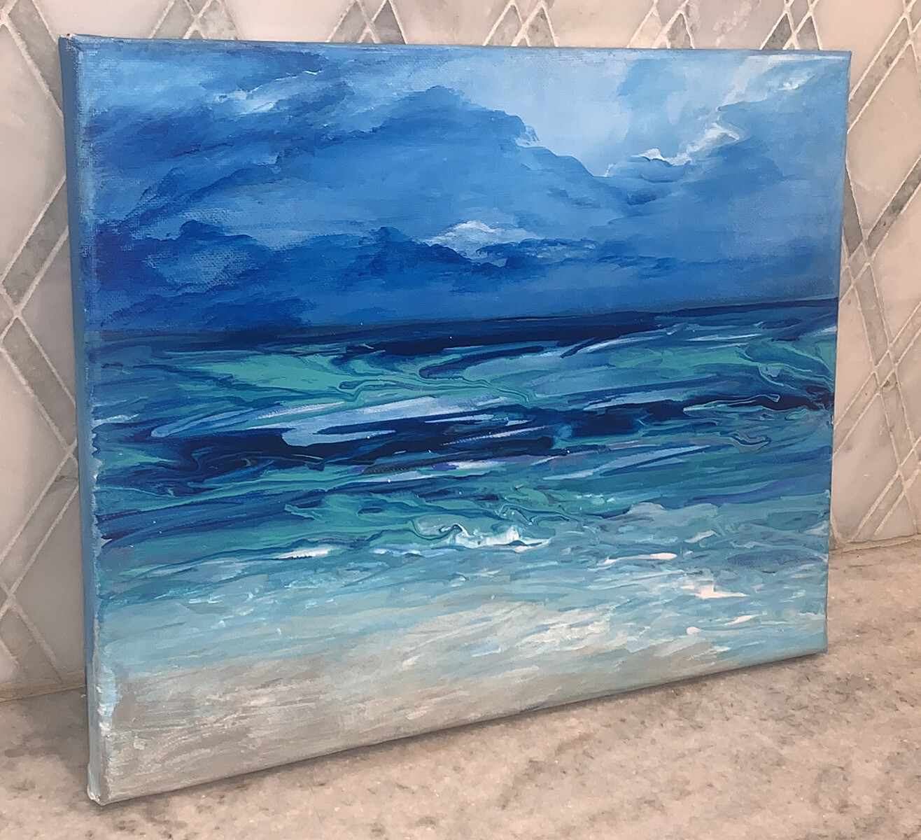Original Modern Impressionist Oceanscape Beach Shades Of Blue Wht Canvas 11”x14”
