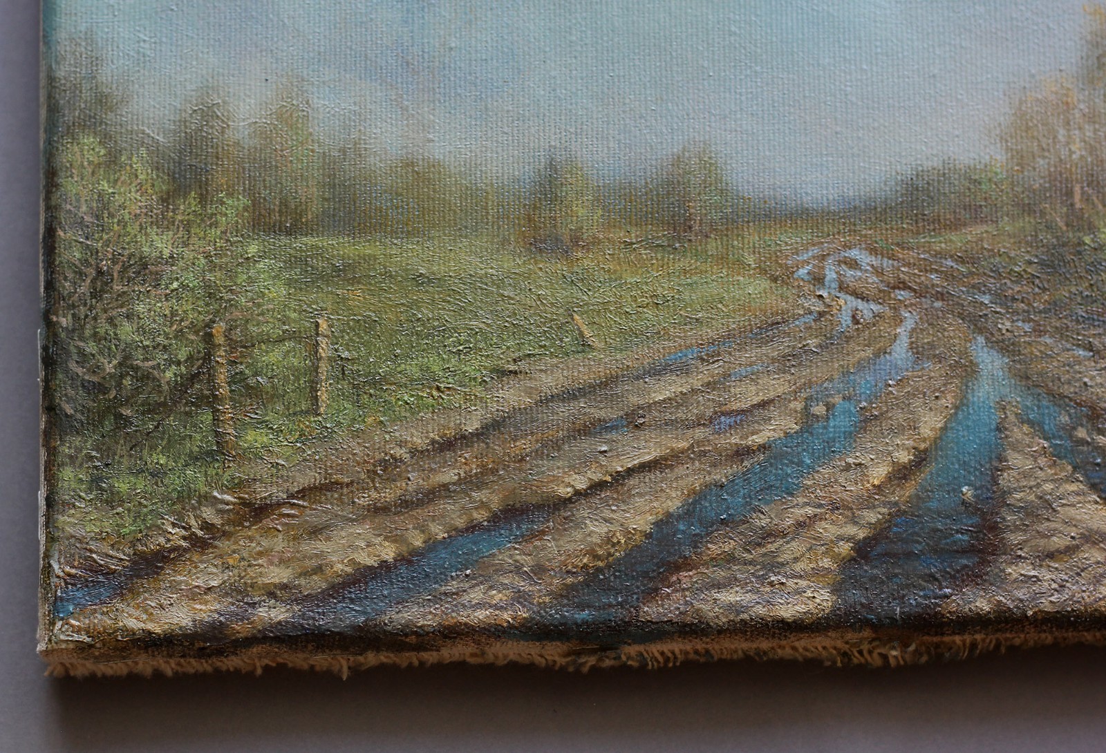 Original Oil Painting Spring Landscape Canvas Countryside Road Clouds Wall Art