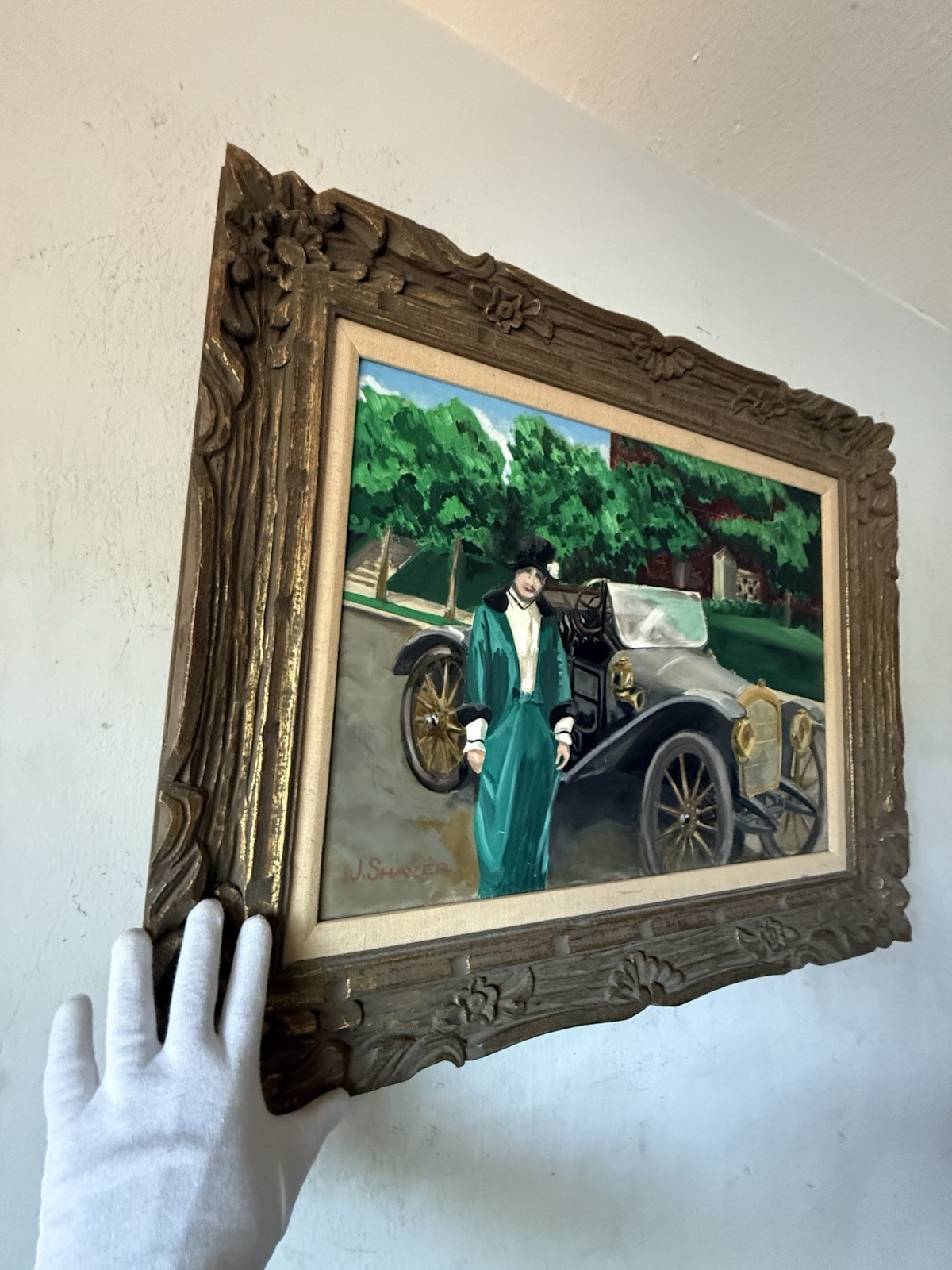 JAMES SHAVER ANTIQUE FIGURATIVE AUTOMOBILE LANDSCAPE OIL PAINTING VINTAGE CAR 40