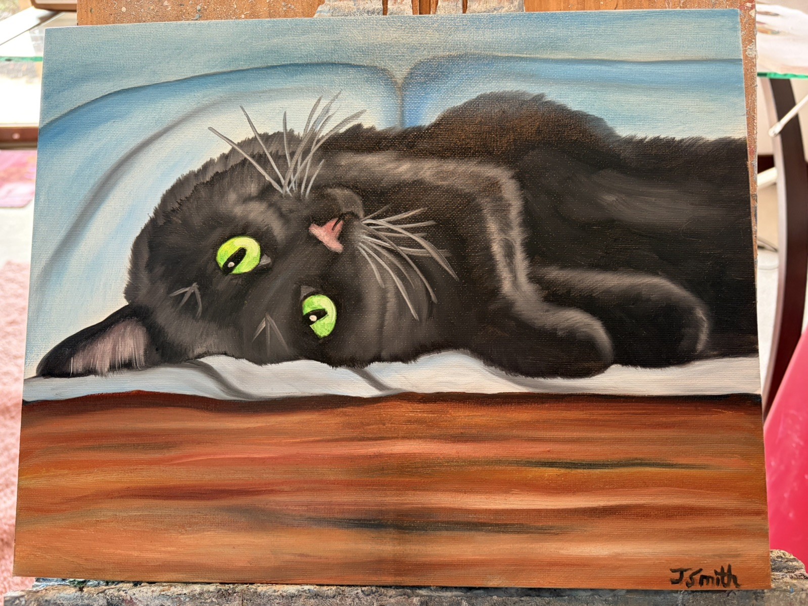 Original oil painting 11 x 14 inches beautiful colorful black cat