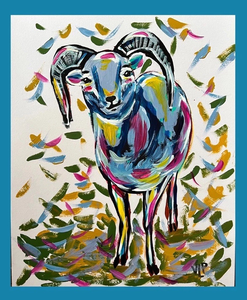 Original 11×13” Expressionist Colorful Confetti Goat VLP Acrylic on Art Paper