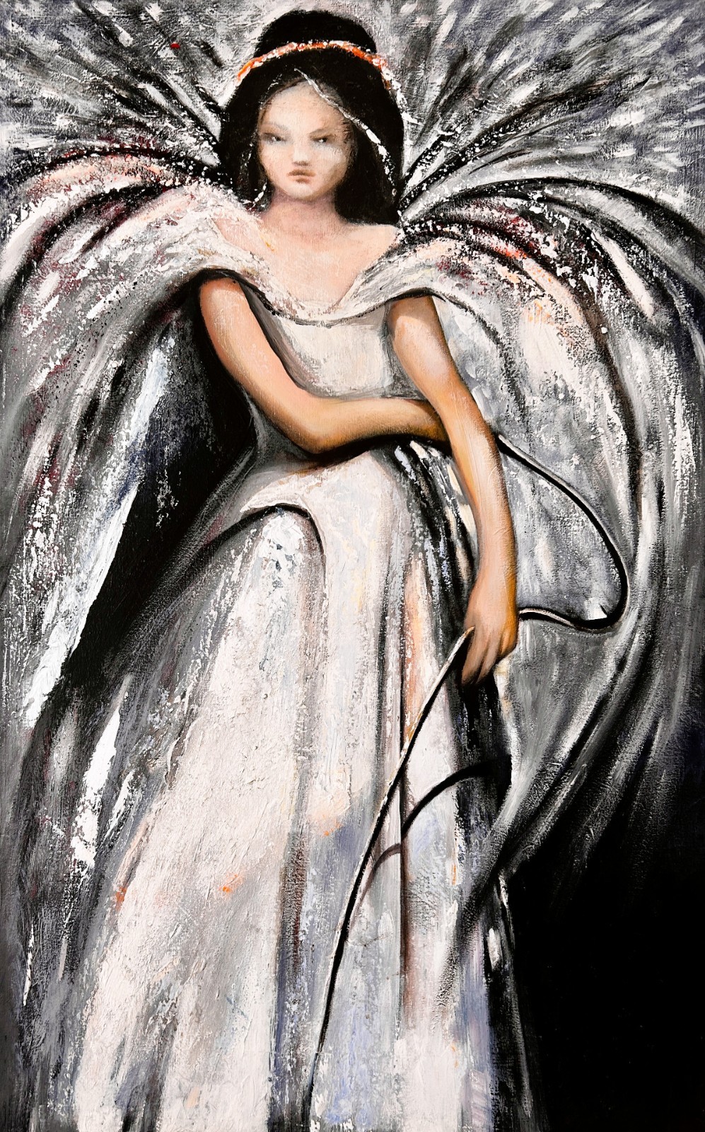 Figurative Painting A Woman In White Dress Grey Tone Acrylic on Canvas 32″x48″