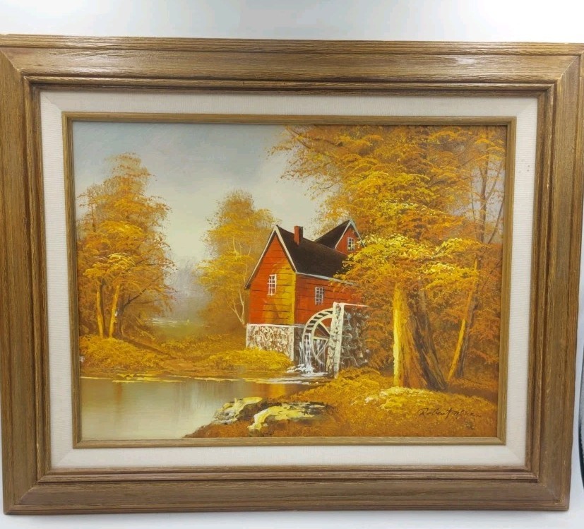 Vintage MCM Original Robert Moore Oil Painting of Old Mill in Autumn – Framed