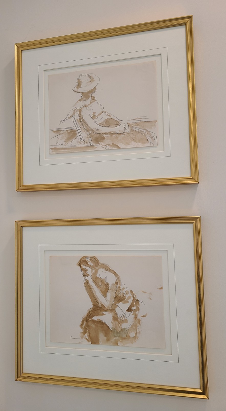 ANDRE GISSON Pair Of Pencil and Watercolor Paintings, Signed and Authenticated.