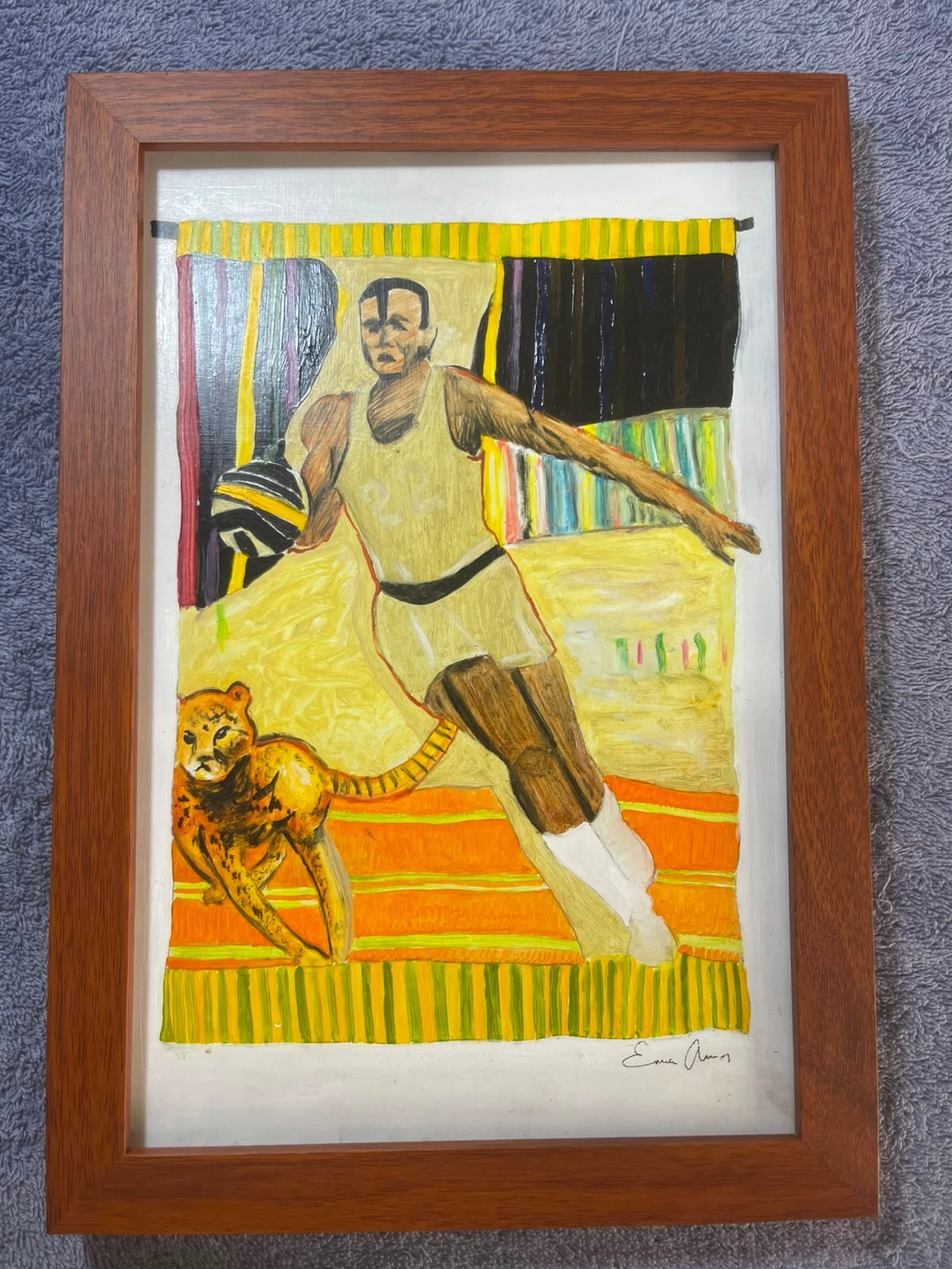 EMMA AMOS DRAWING ON ANTIQUE WOOD, FRAMED ON WOOD, SIGNED AND SEALED