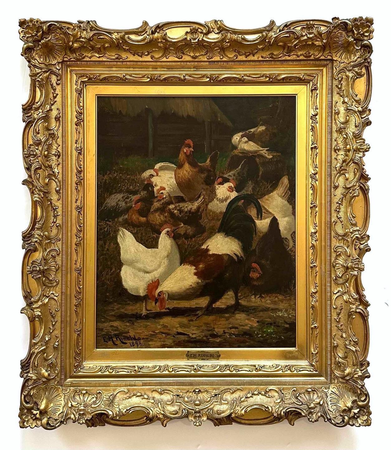 Edwin M Rinaldo -Rare 1898 painting San Francisco Artist – Chickens in Farm Yard