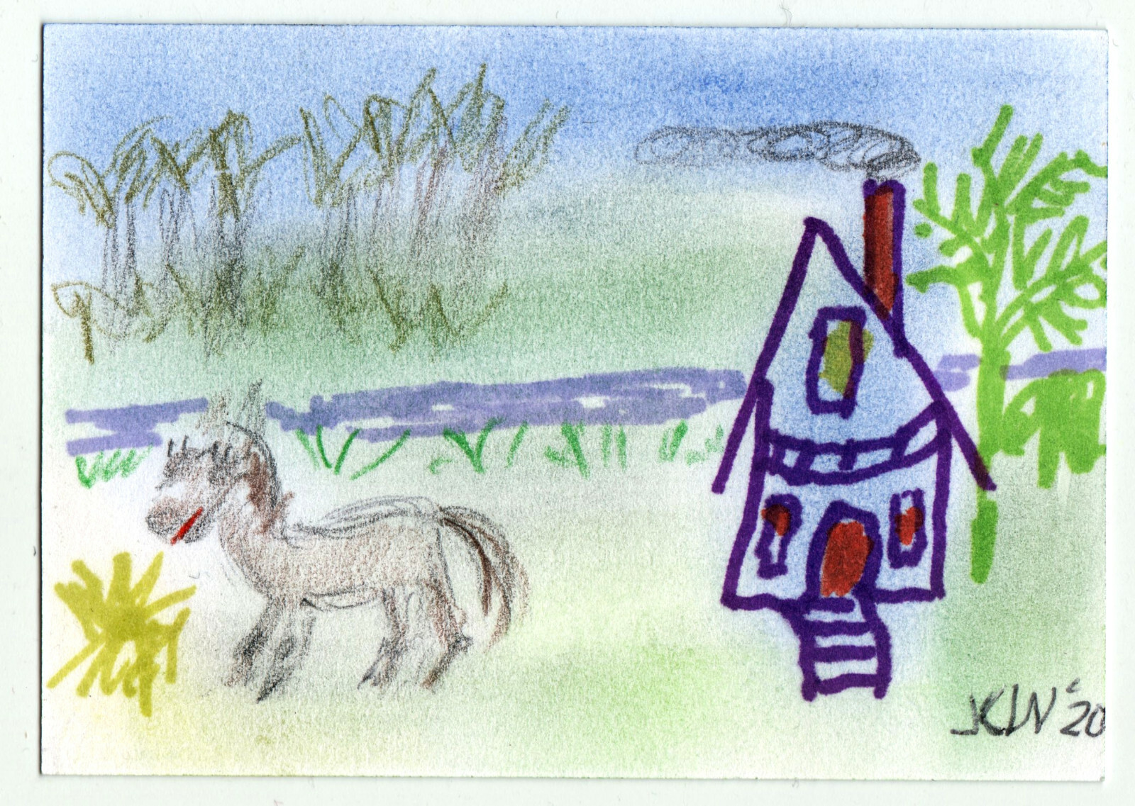 JKW House Cottage HORSE Country FARM River Creek Folk Art ACEO Original Painting