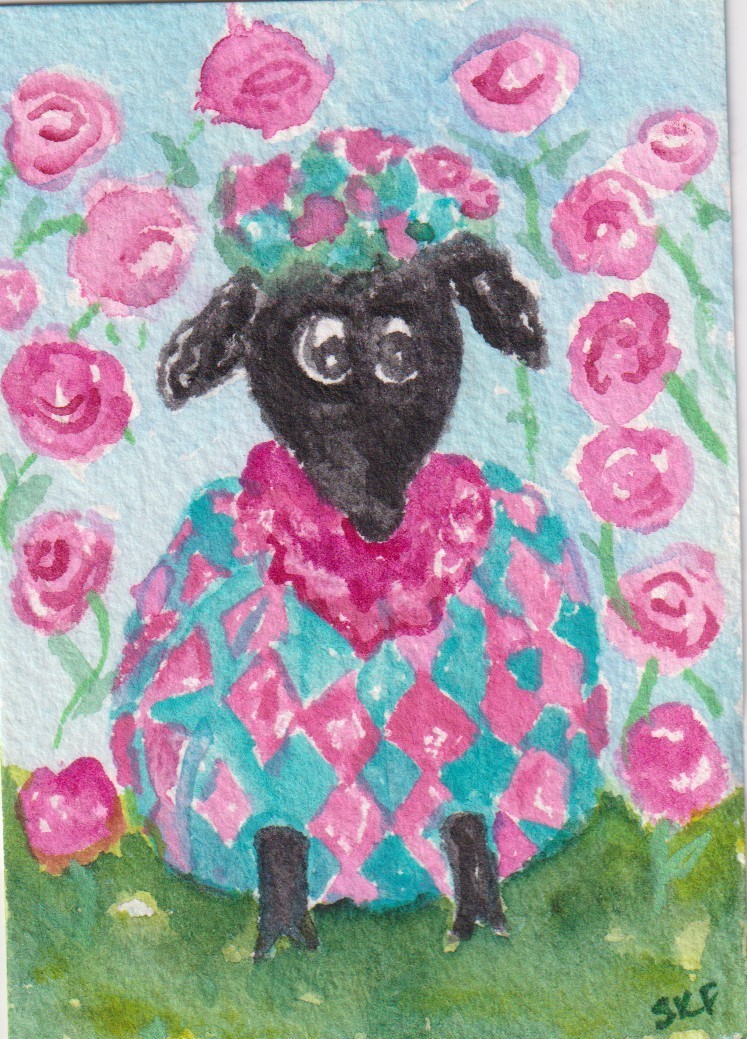 Colorful Sheep ACEO Original Watercolor Painting Where Argyle Wool comes from