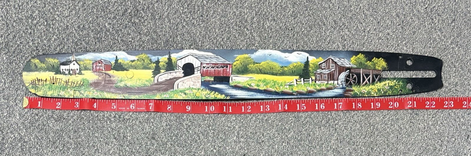 Painted Chainsaw Bar – Church/Covered Bridge/Water Mill Scene Folk Art 22-1/2″