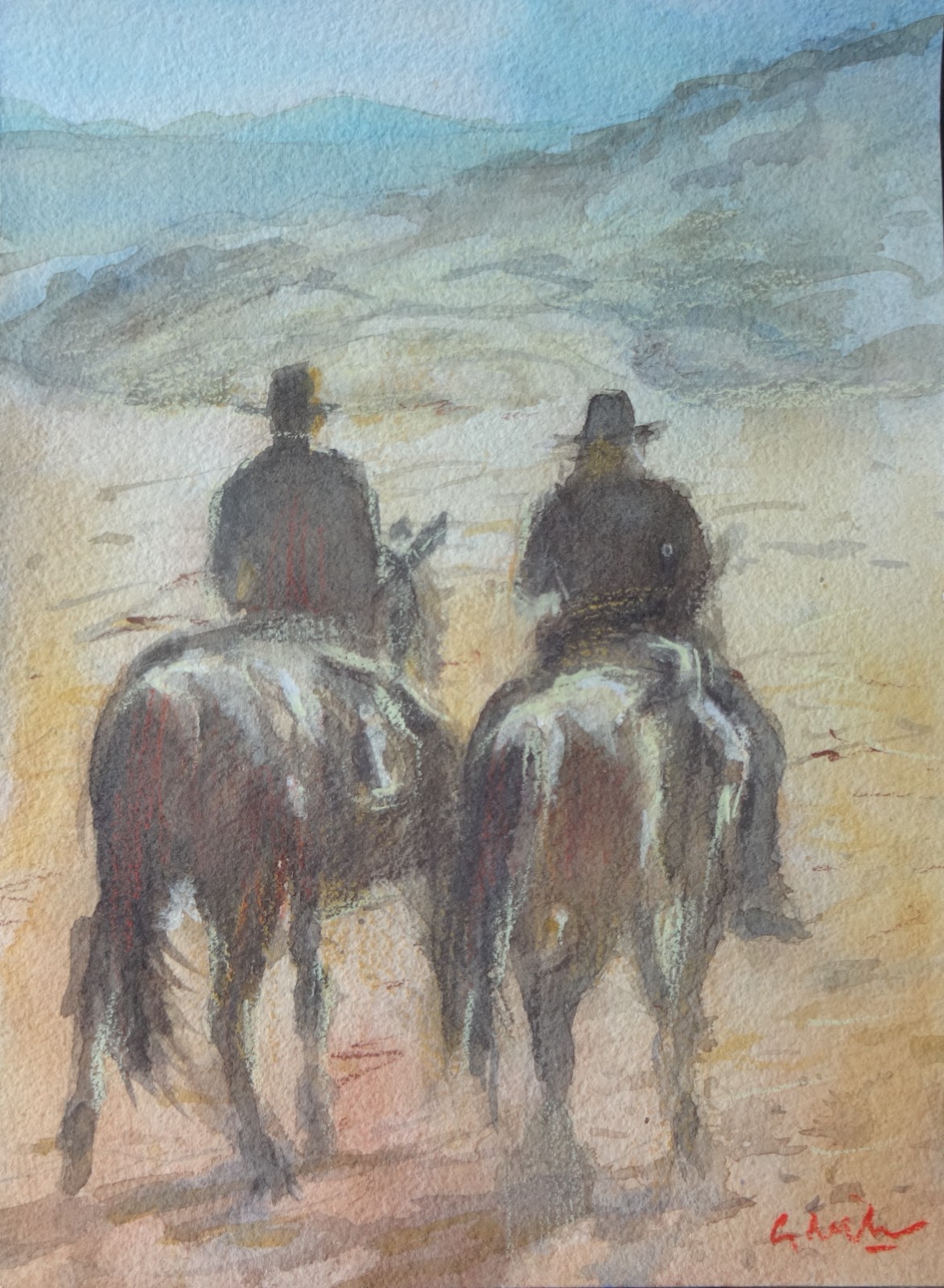 GERRY MILLER. Watercolour «Cowboys». No frame. 19x25cm.