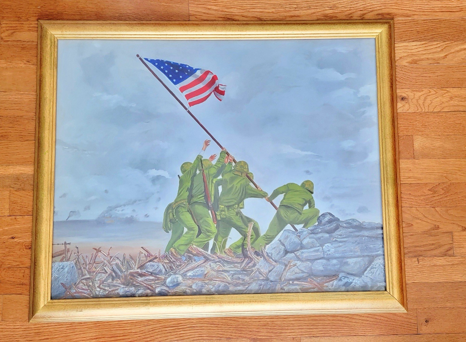 Original Signed C. Schwab Iwo Jima Flag Raising Painting Framed 27.5” x 33.5”