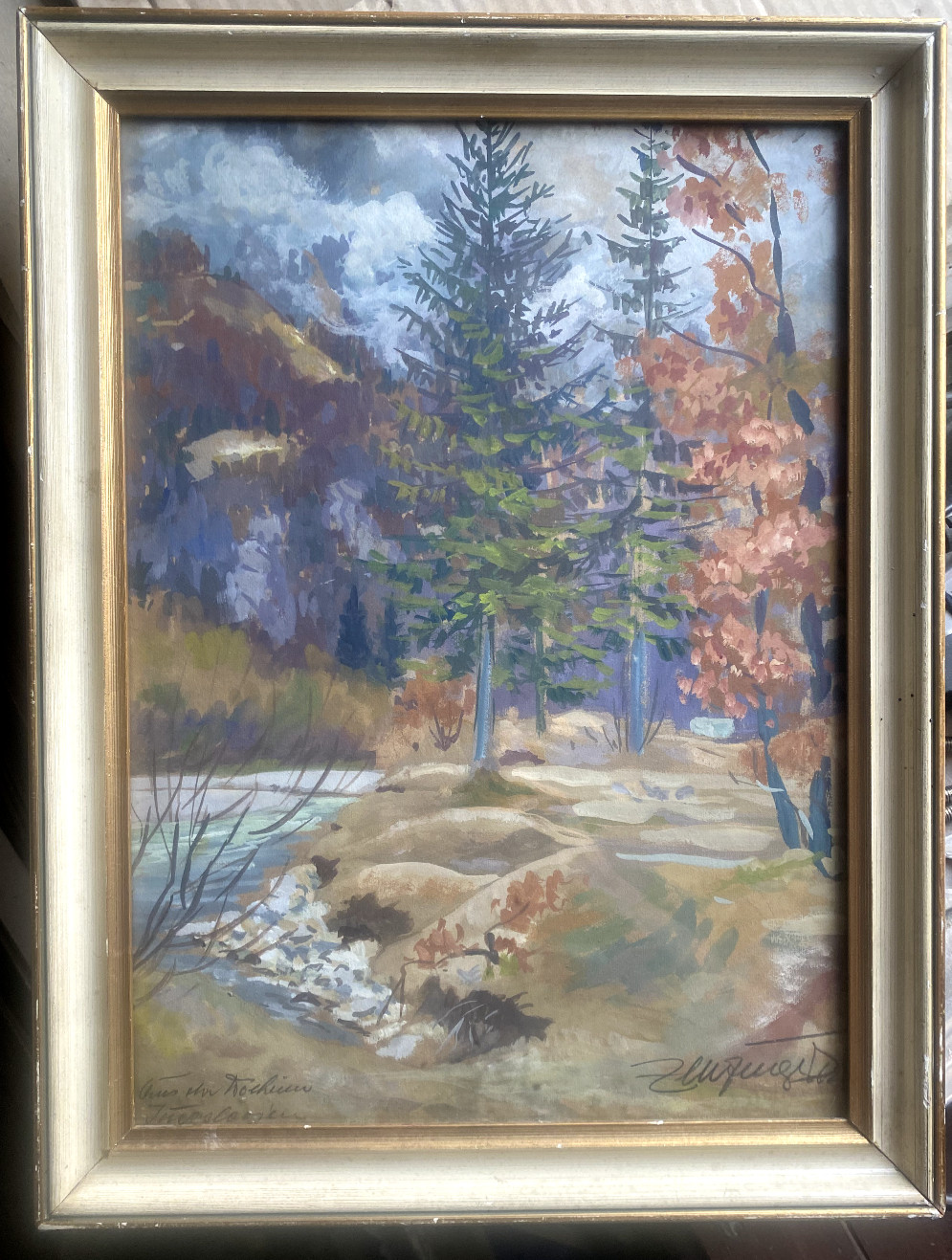 ::GOUACHE °ORTSBEZEICHNUNG UNLESERLICH – SIGNIERT HERBST WALD SEE BÄUME RAHMEN