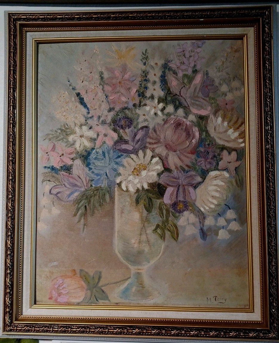 Vintage Original Oil Board FLORAL PASTELS Painting Signed Shabby Cottage Chic