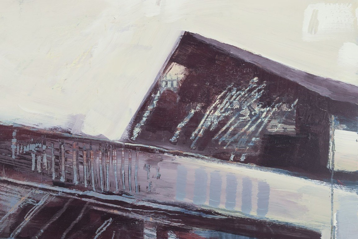 Morgan Johansson, listed Swedish artist. Oil on board. Buildings roofs