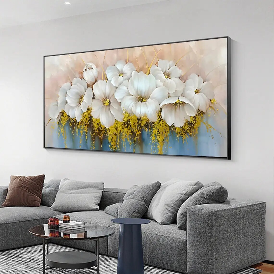 White Flower Oil Painting on Canvas Abstract Gold Leaf Floral Acrylic Painting